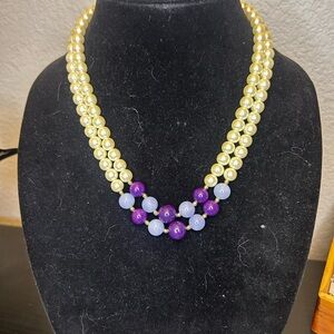 Pearl and Bead Statement Necklace in Yellow and Purple